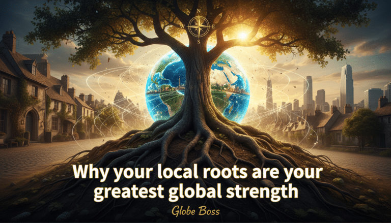 Tree with roots embracing globe, bridging local and global.