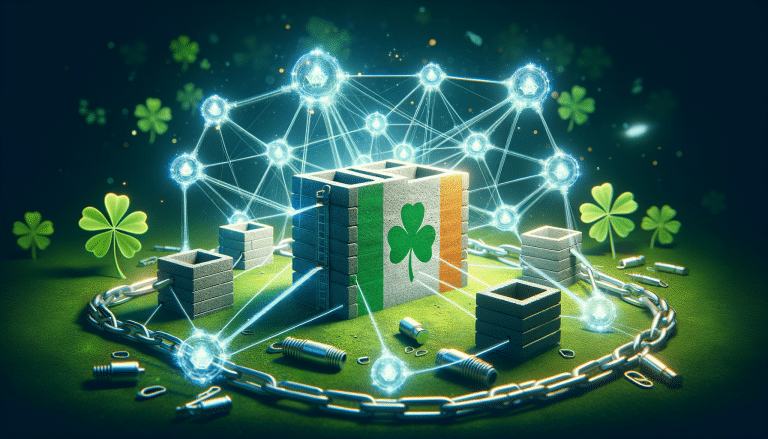 Irish flag block, shamrock, glowing network, chains on green.