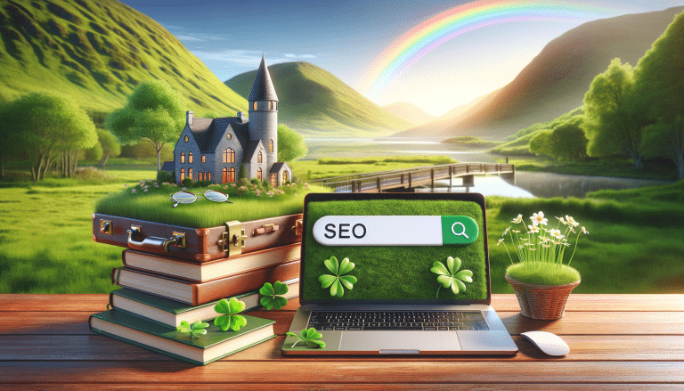 SEO laptop, Irish landscape with castle, rainbow, and shamrocks.
