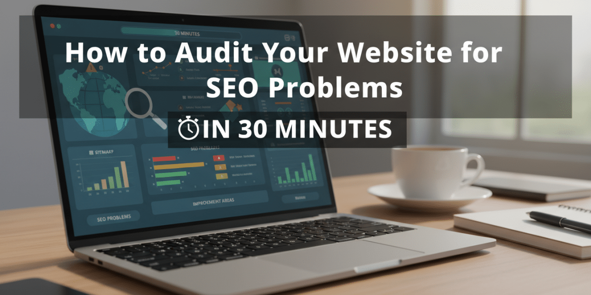 Laptop displaying website SEO audit dashboard, how to fix problems in 30 minutes.
