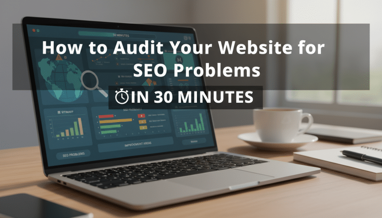 Laptop displaying website SEO audit dashboard, how to fix problems in 30 minutes.
