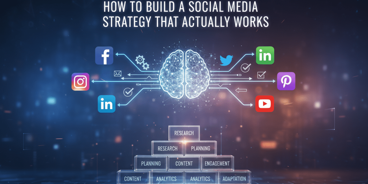 Social media strategy infographic: brain, platforms, and structured steps.