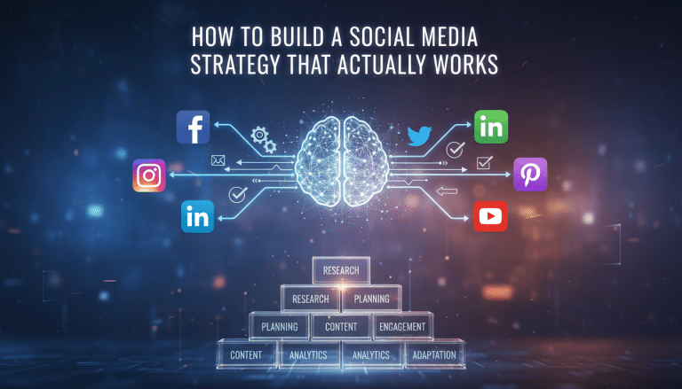 Social media strategy infographic: brain, platforms, and structured steps.