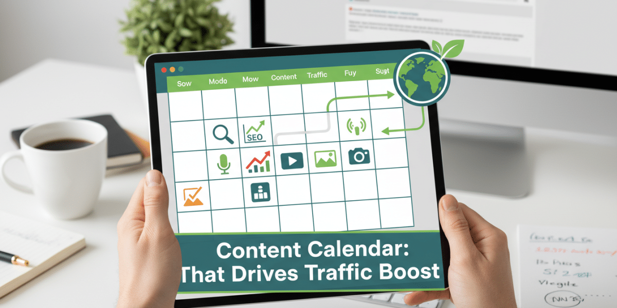 Content calendar on tablet optimising SEO and driving traffic.