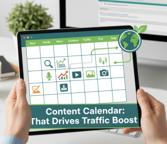 Content calendar on tablet optimising SEO and driving traffic.