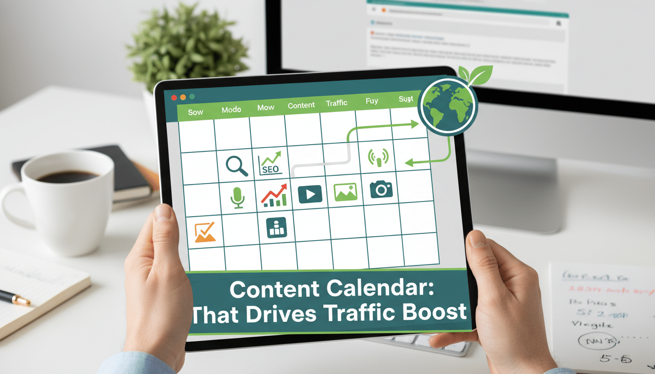 Content calendar on tablet optimising SEO and driving traffic.
