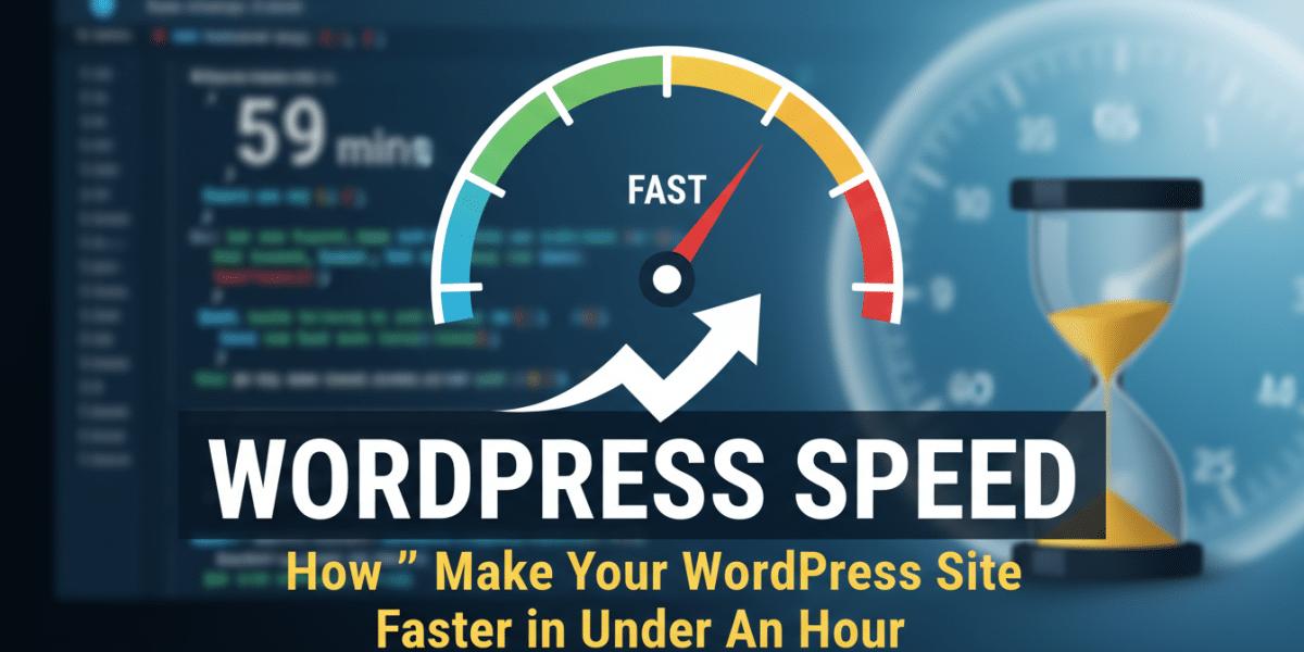 WordPress speed optimisation with fast performance gauge and hourglass.