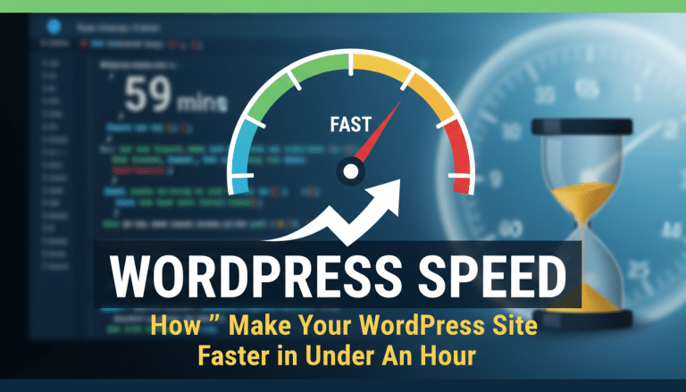 WordPress speed optimisation with fast performance gauge and hourglass.