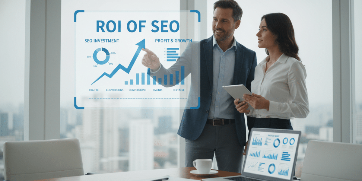 Business colleagues discussing ROI of SEO using a holographic display.