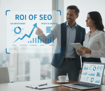 Business colleagues discussing ROI of SEO using a holographic display.