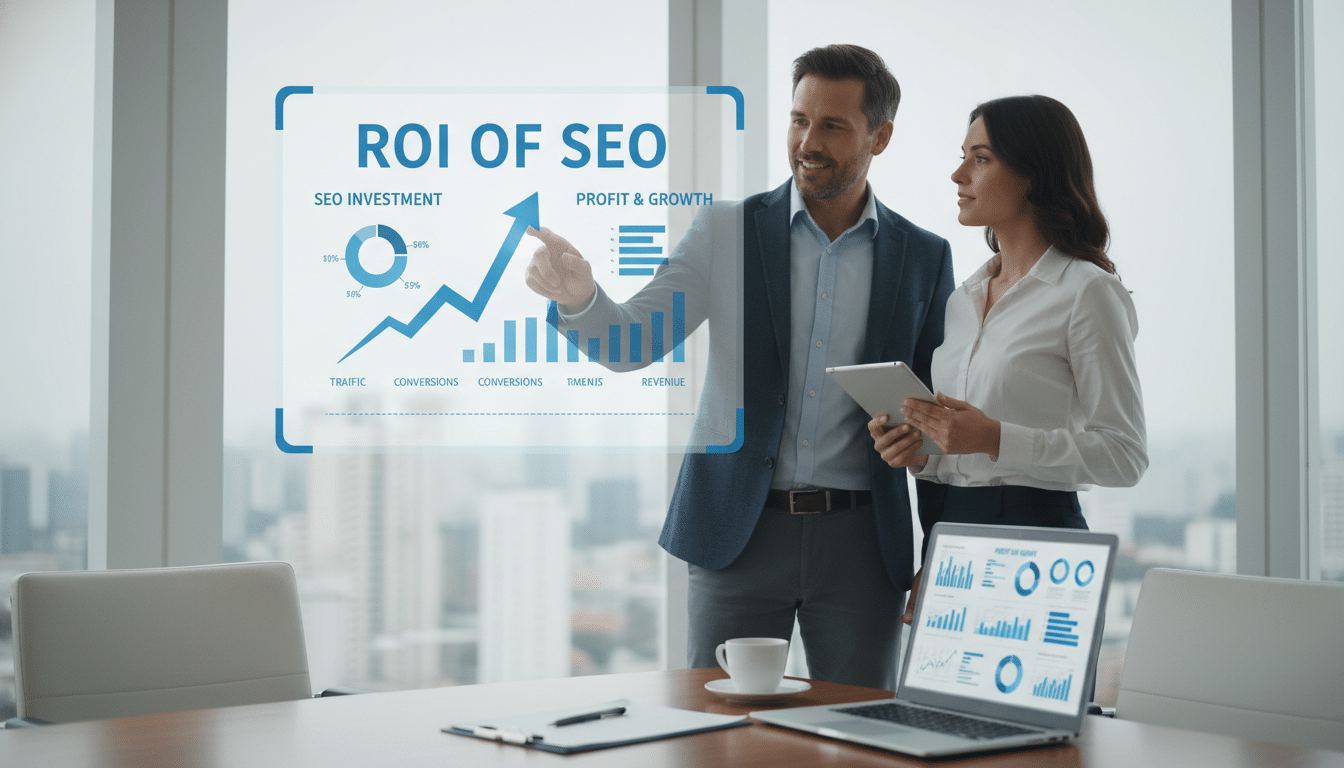 Business colleagues discussing ROI of SEO using a holographic display.