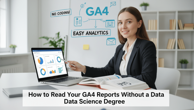 Woman pointing at laptop displaying GA4 reports and easy analytics.