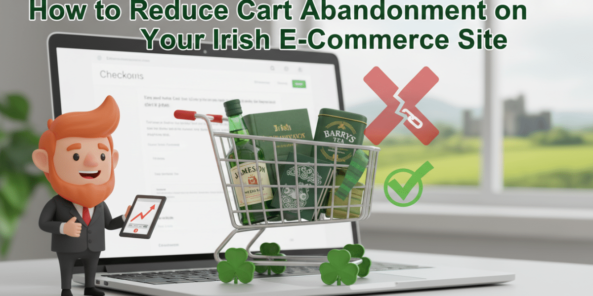 Reduce Irish e-commerce cart abandonment: leprechaun, shopping cart, laptop.