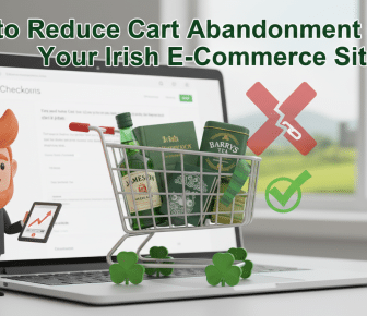 Reduce Irish e-commerce cart abandonment: leprechaun, shopping cart, laptop.