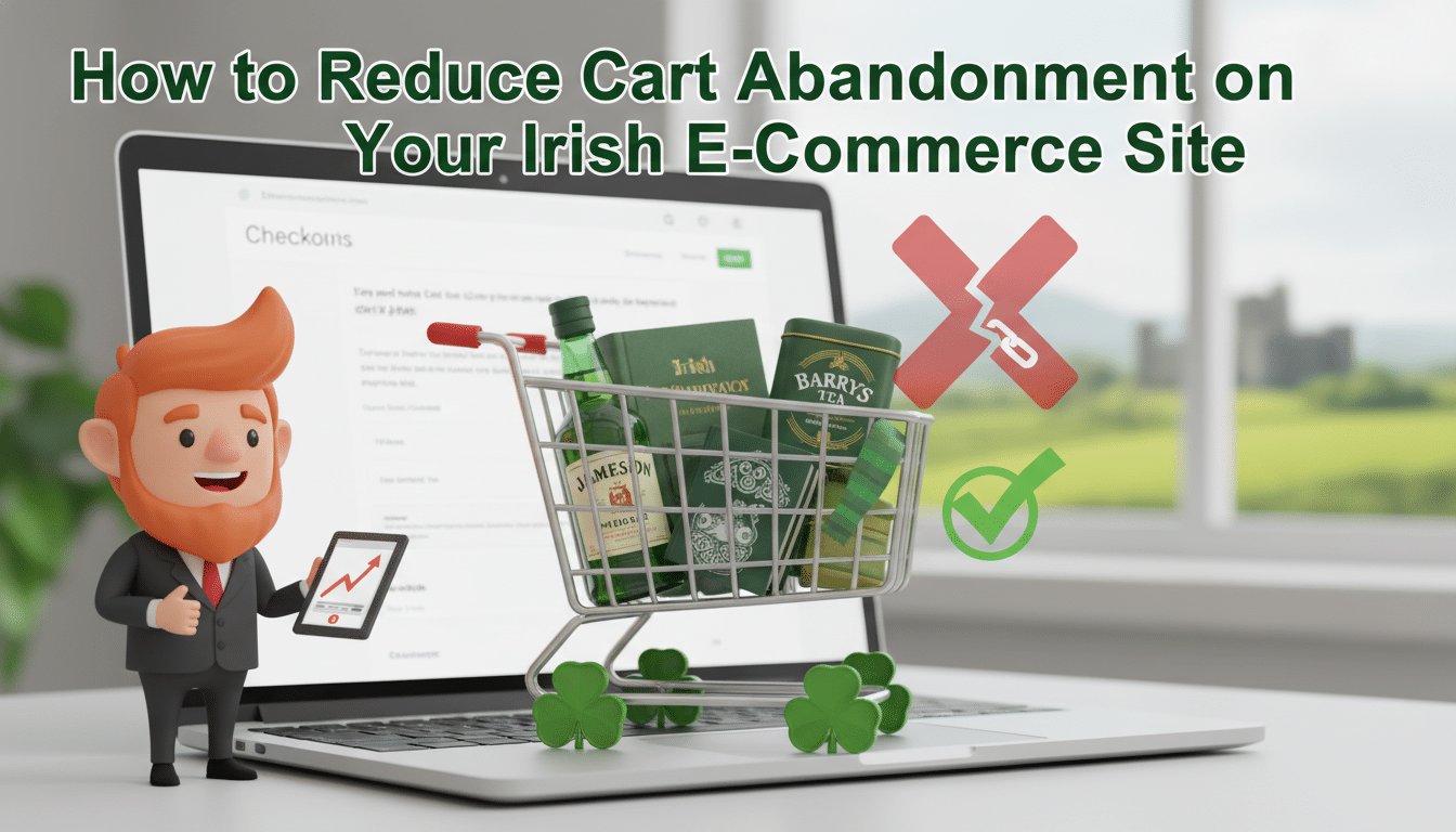 Reduce Irish e-commerce cart abandonment: leprechaun, shopping cart, laptop.