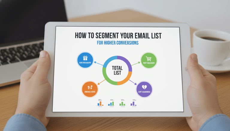 Email list segmentation infographic for higher conversions on a tablet.