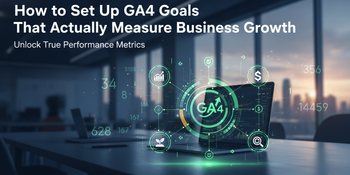 Setting up GA4 goals to measure business growth on a laptop.