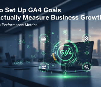 Setting up GA4 goals to measure business growth on a laptop.