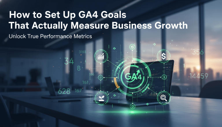 Setting up GA4 goals to measure business growth on a laptop.