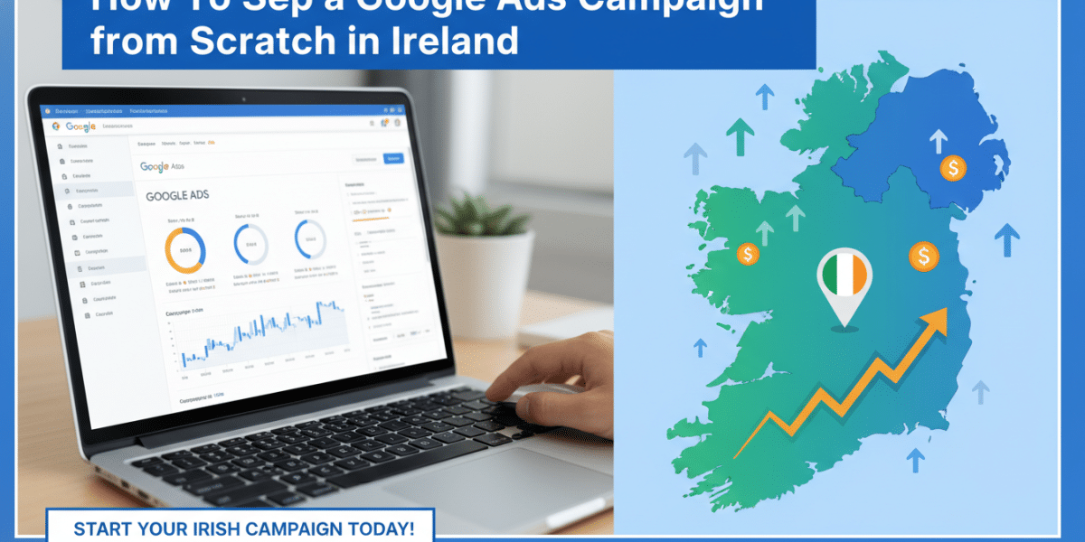 Google Ads campaign setup on laptop with Ireland map, showing growth.