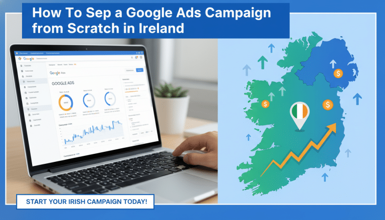 Google Ads campaign setup on laptop with Ireland map, showing growth.