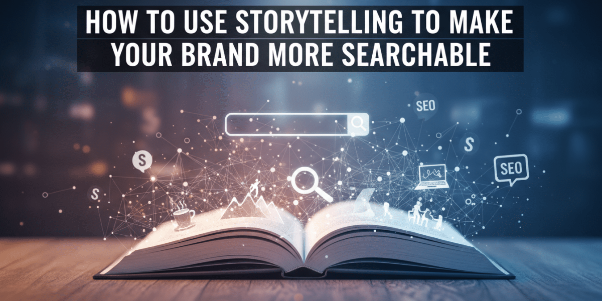 How storytelling makes brands searchable: book, network, SEO icons.
