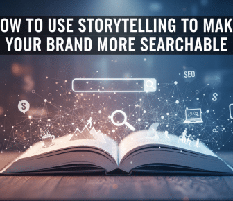 How storytelling makes brands searchable: book, network, SEO icons.