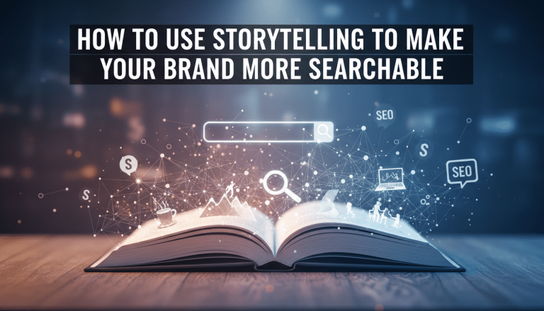 How storytelling makes brands searchable: book, network, SEO icons.