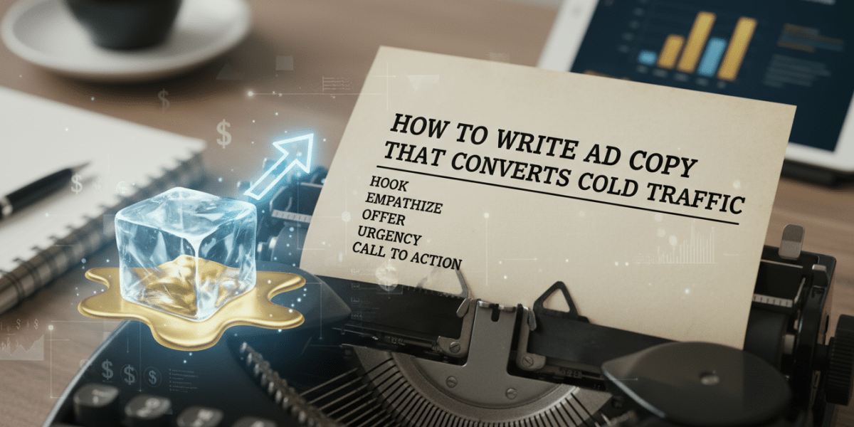 Ad copy guide on typewriter converting cold traffic to gold.