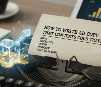 Ad copy guide on typewriter converting cold traffic to gold.