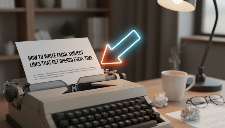 Typewriter showing 'How to write email subject lines' document with neon arrow.
