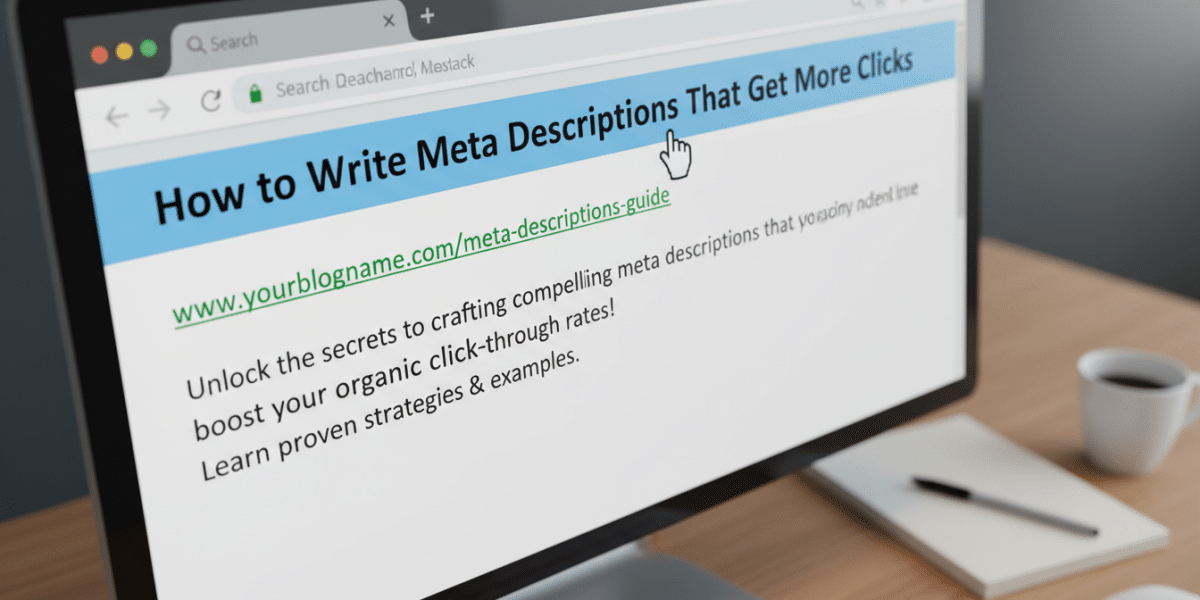 Monitor displays 'How to Write Meta Descriptions That Get More Clicks'.