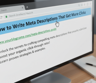 Monitor displays 'How to Write Meta Descriptions That Get More Clicks'.