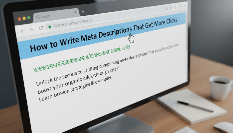 Monitor displays 'How to Write Meta Descriptions That Get More Clicks'.