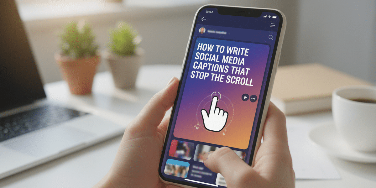 Hands holding phone displaying social media caption writing tips.