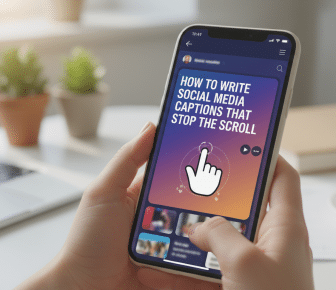 Hands holding phone displaying social media caption writing tips.