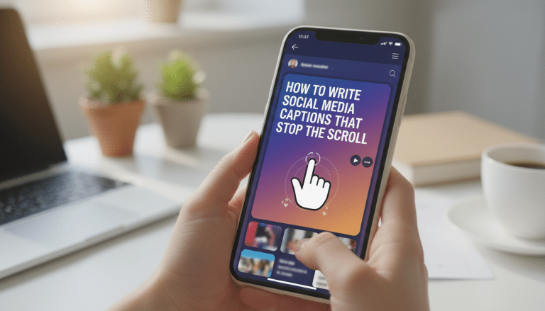 Hands holding phone displaying social media caption writing tips.