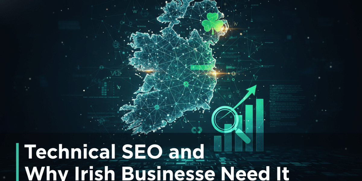 Digital Ireland map with shamrock and technical SEO growth chart.