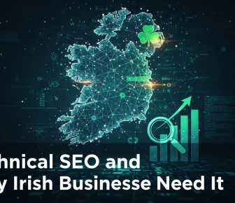Digital Ireland map with shamrock and technical SEO growth chart.