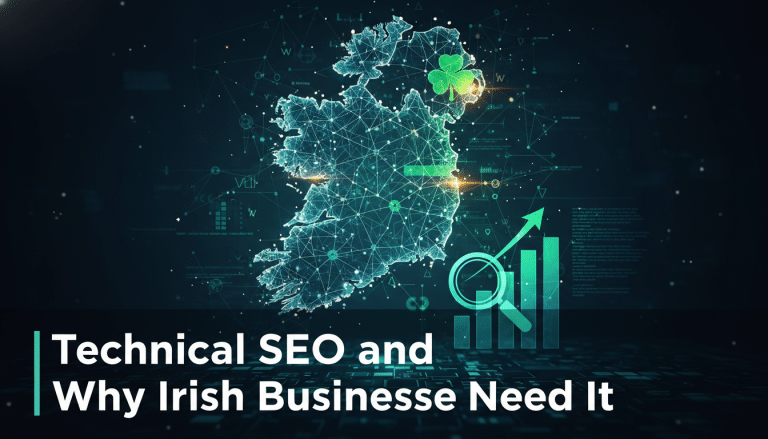 Digital Ireland map with shamrock and technical SEO growth chart.