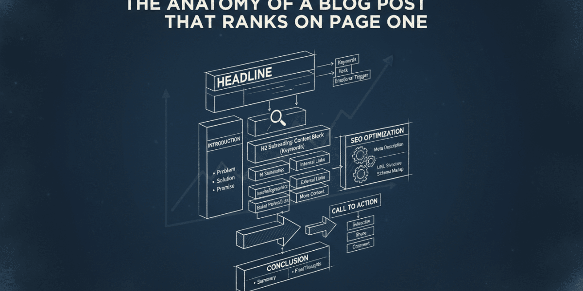 Blueprint infographic: anatomy of a blog post for page one ranking.