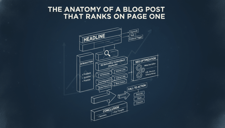 Blueprint infographic: anatomy of a blog post for page one ranking.