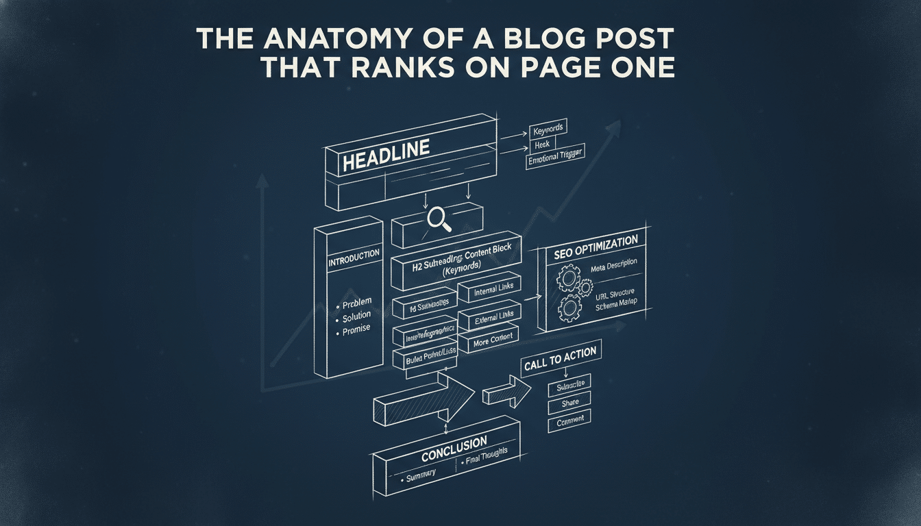 Blueprint infographic: anatomy of a blog post for page one ranking.