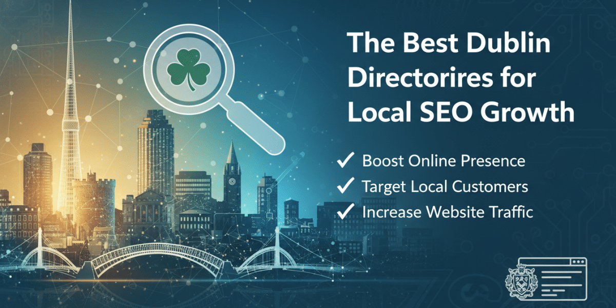 Dublin local SEO growth with shamrock search and cityscape.