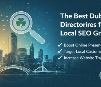 Dublin local SEO growth with shamrock search and cityscape.