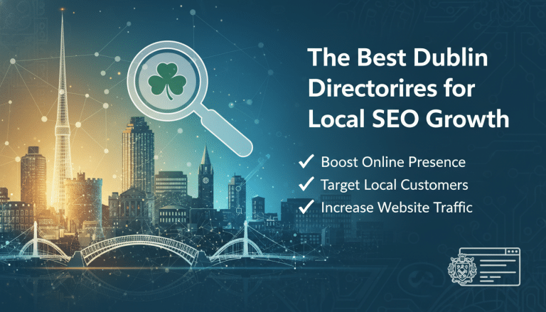 Dublin local SEO growth with shamrock search and cityscape.