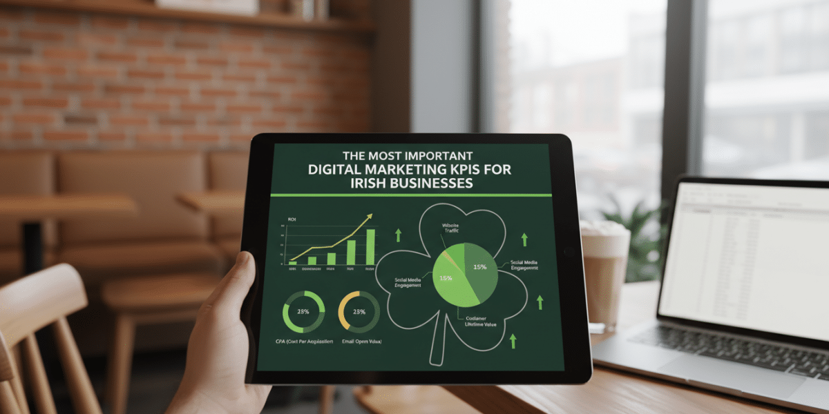 Tablet showing digital marketing KPIs for Irish businesses.
