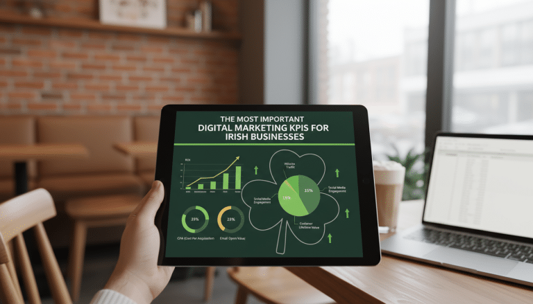 Tablet showing digital marketing KPIs for Irish businesses.