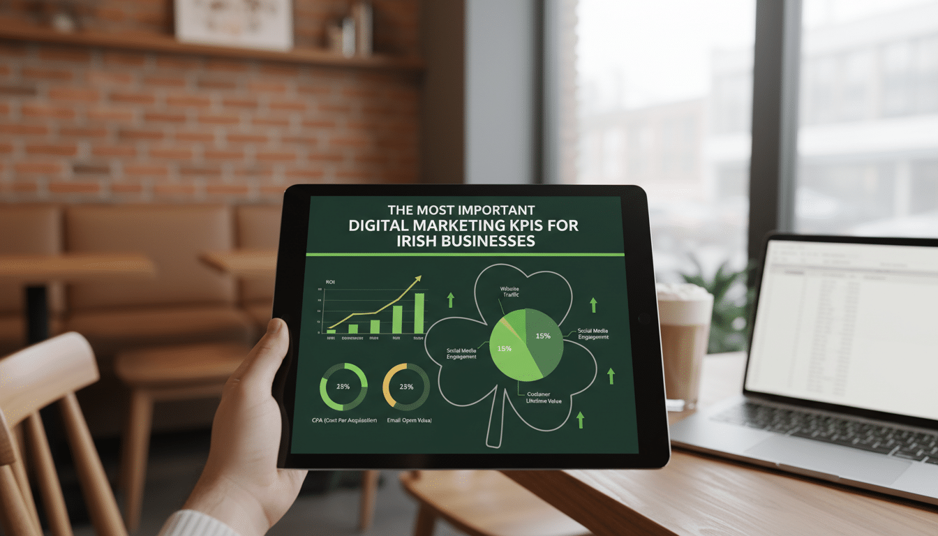 Tablet showing digital marketing KPIs for Irish businesses.