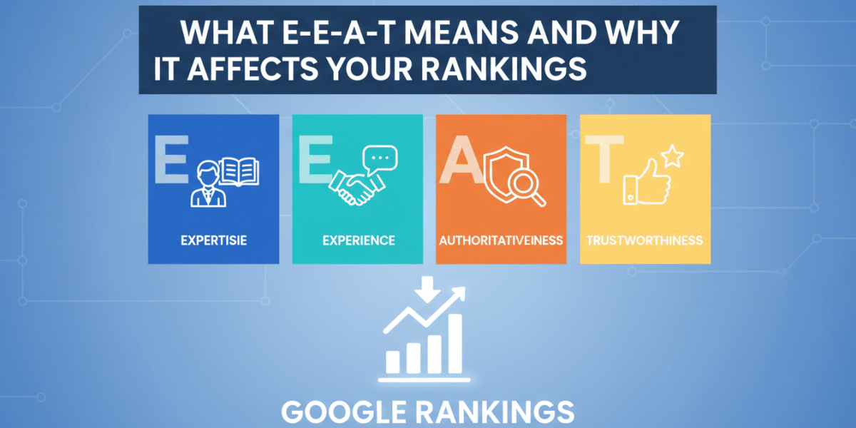 E-E-A-T factors: Expertise, Experience, Authoritativeness, Trustworthiness impacting Google rankings.